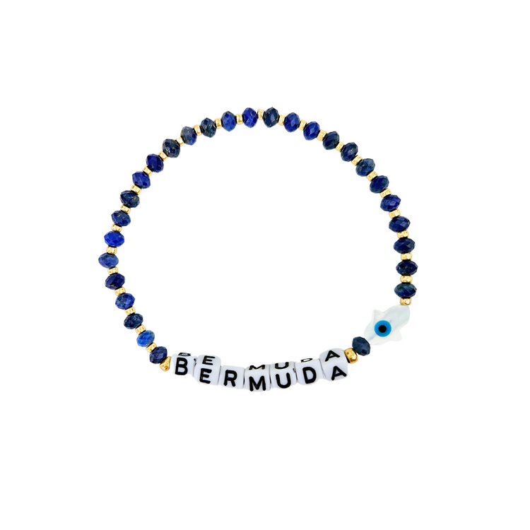 Bermuda Letter Bracelet with Deep Blue Stones & Hamsa Hand